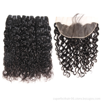 Factory Raw Virgin Indian Human Hair Bundles Water wave Hair waving with13*4 Lace Frontal